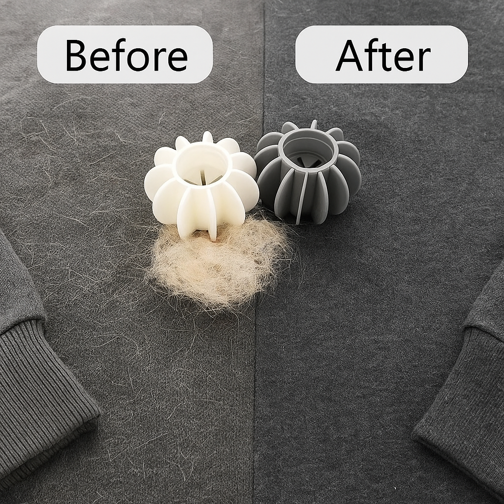 Before and after comparison showing clothes with pet hair vs fur-free with Pawfect Wash Discs