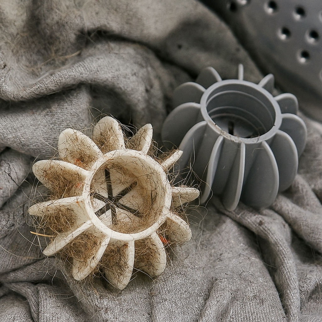 Reusable silicone laundry discs trapping pet fur and lint during wash cycle